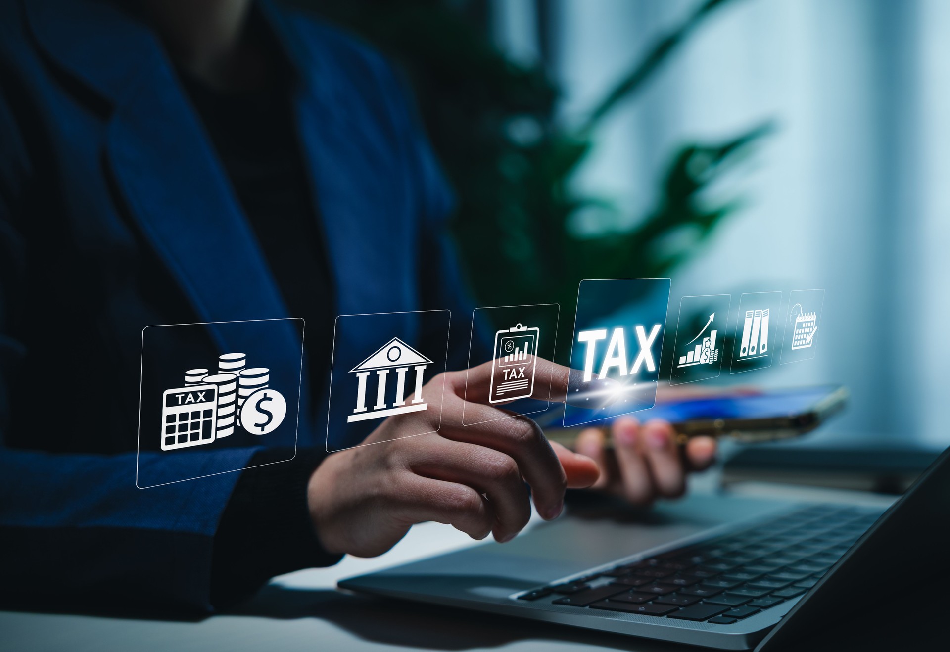 Tax Planning and Financial Compliance Concept. Businessperson points to tax icon on with finance, calendar, and audit symbols representing tax processes. state taxes, documents, reports, taxation,