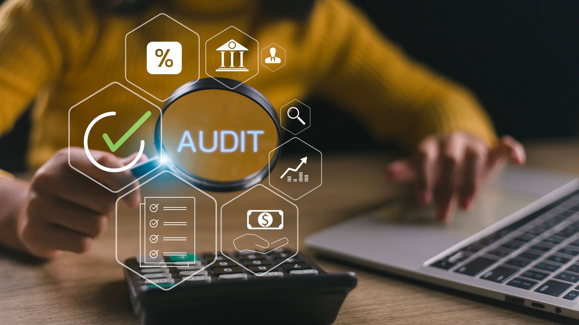 Audit business concept. Examination and evaluation of the financial statement of an organization; income statement, balance sheet, cash flow statement.